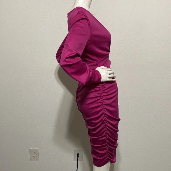 Hot Pink Long Sleeve Open V-Neck Ruched Bodycon Dress Size Large - Picture 5 of 5